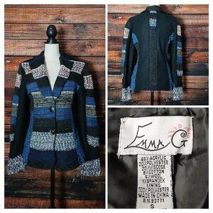 Emma G Blazer Jacket Size S Multi Knit Patchwork Snap Front Lined Bohemian